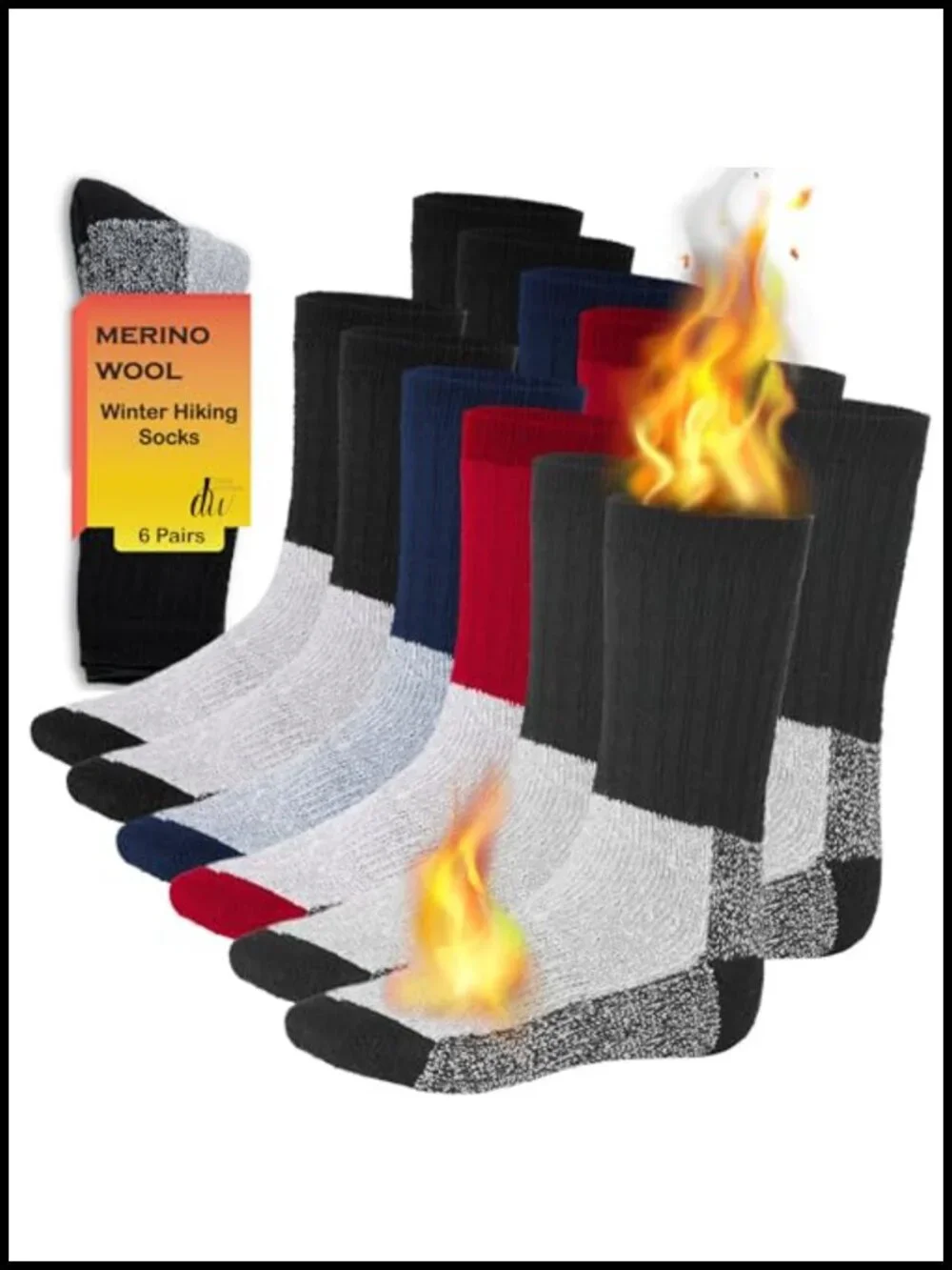 Merino Wool Thermal Socks - Warm Hiking Skiing Hunting Crew Socks 6 Pack